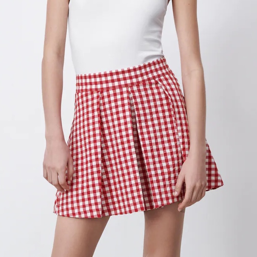Zara Red and White Checkered Mini Skirt